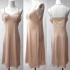 Vintage 60s Vassarette Underneath It All Beige Silky Lace Trim Slip Dress Large